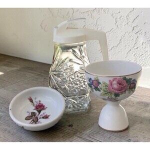 Vintage Mid-Century Table Set-Syrup Dispenser,China Egg Cup & Trinket Dish